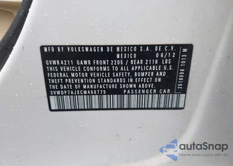 2012 Volkswagen Jetta 2.5L Se из США, поврежденный, VIN 3VWDP7AJXCM468779